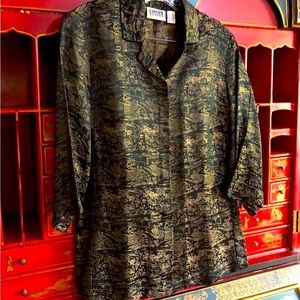 Chico’s Blouse Shirt Asian Scenic Jacquard Button-Down 3/4 Sleeve Rayon/Silk 0